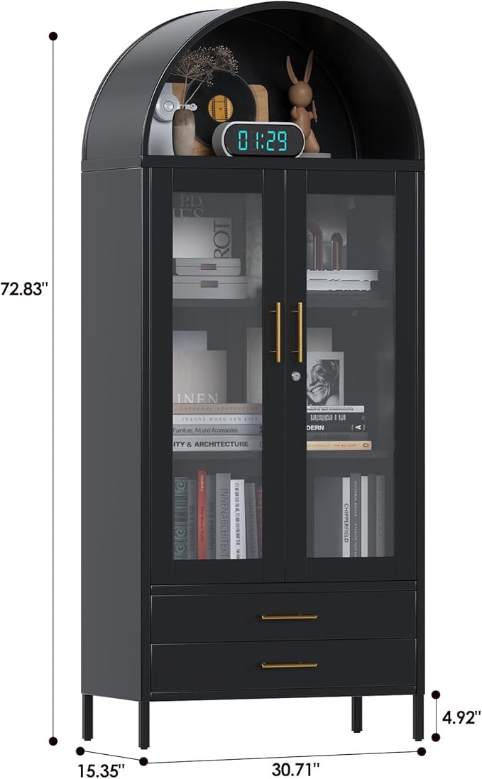 73" Tall Display Cabinet with Glass Doors and 2 Drawers, Metal Arched Cabinet