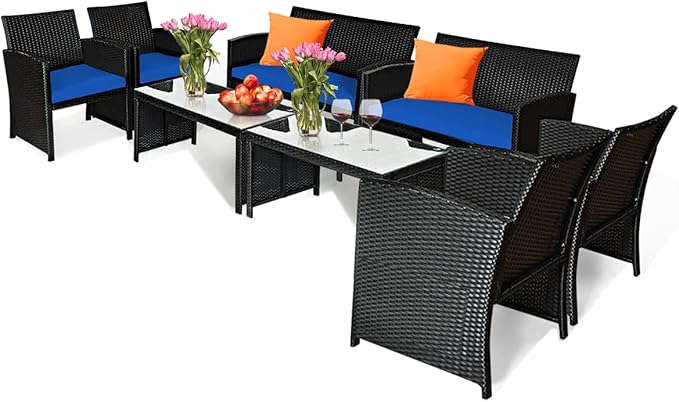 Tangkula 8 Pieces Patio Wicker Conversation Furniture Set, Patiojoy Sofa &