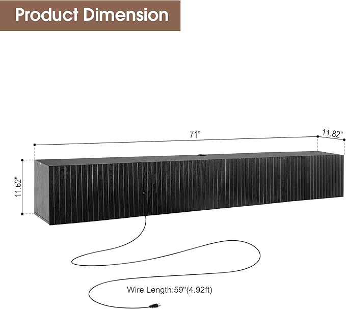 71” Floating TV Stand with LED Lights & Charging Station, Floating Media