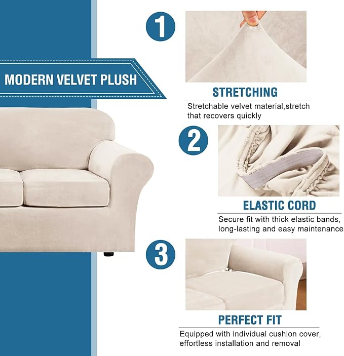 H.VERSAILTEX Real Velvet Plush 3 Piece Stretch Sofa Covers Couch Covers