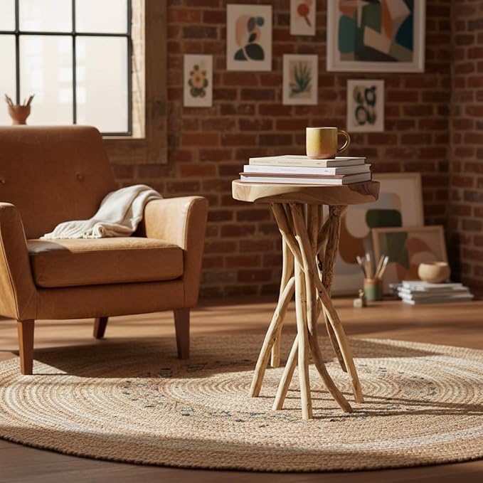 Greenage Teak Branch Coffee Table 15.7"x15.7"x27.6" Wooden Live Edge Side Table