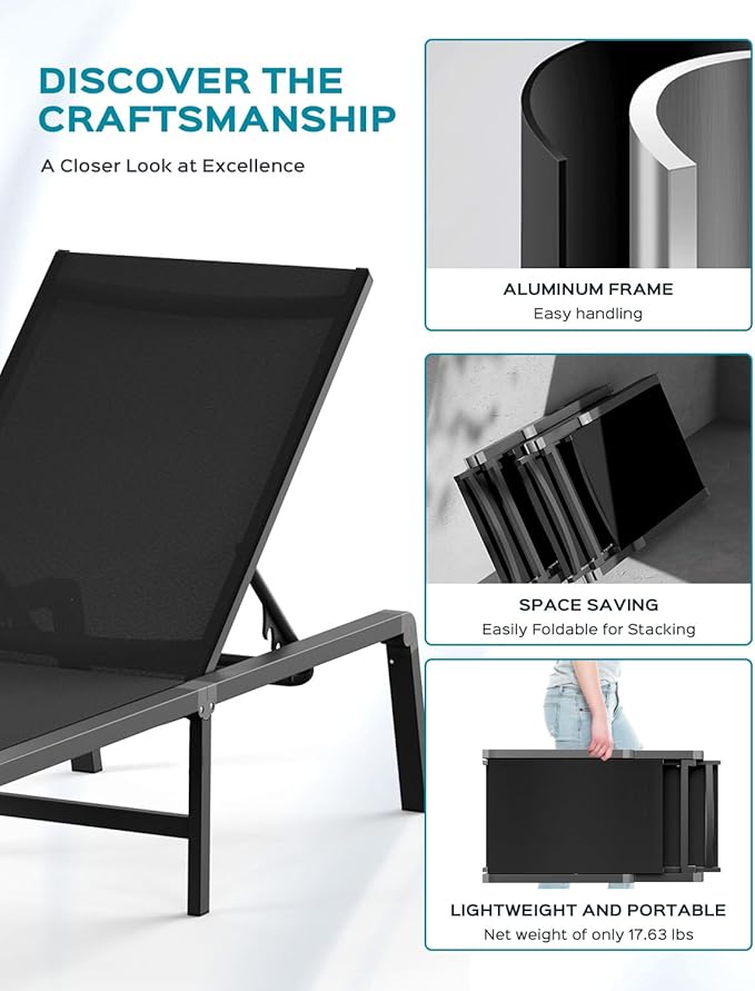 Patio Chaise Lounge Chair Set of 4, Foldable Lounge Chair