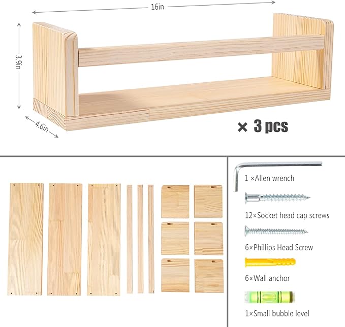 AZSKY Floating Nursery Book Shelves-Natural Wood Bookshelf