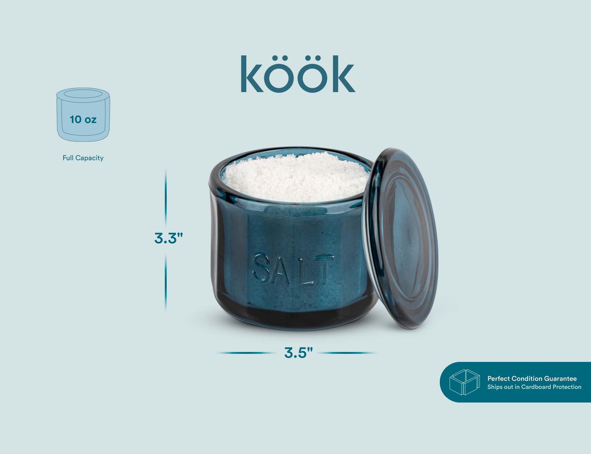 KooK Glass Salt Cellar, with Lid, Embossed Pressed Glass, Clear Storage Container, for Coffee, Sugar, Spices and Candies, Hand Wash Only, 10 oz, (Navy Blue)