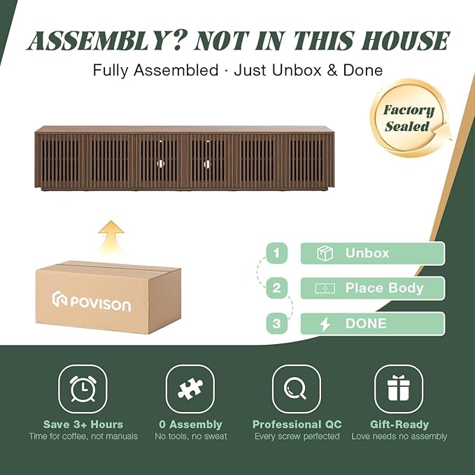 POVISON Full Assembled Mid Century Modern TV Stand, Wood Slatted Media Console