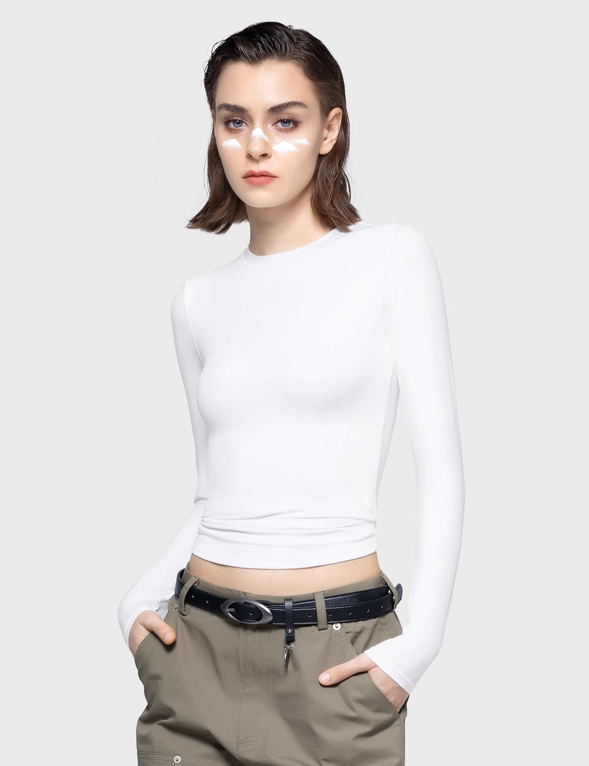 PUMIEY Long Sleeve Shirts for Women Crew Neck Slim Fit Fall Tops Sexy Basic Tee, Splashed White Medium