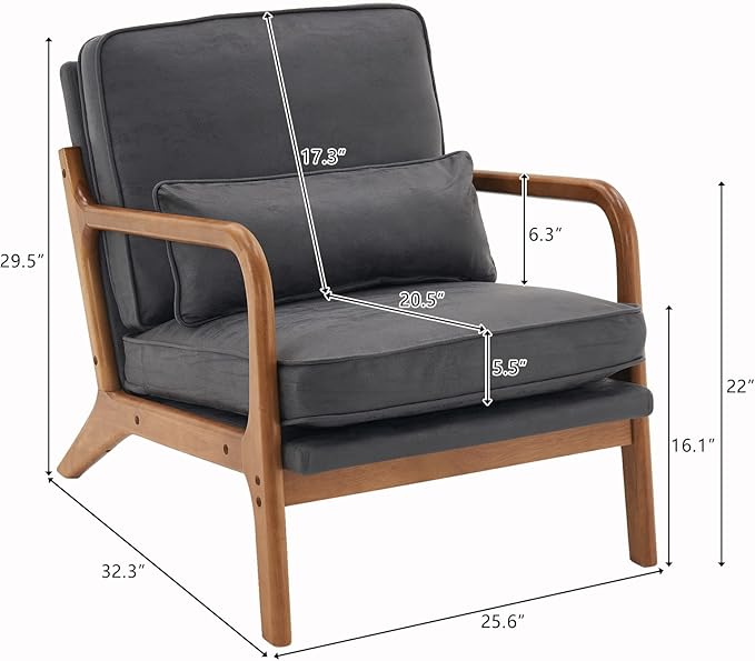 Bonnlo Microfiber Dark Grey Mid Century Modern Accent Chair, Soild Wood Padding
