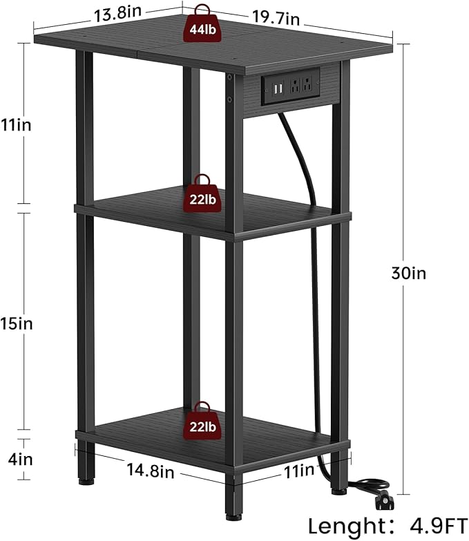 Asgolion Tall End Table with Charging Station, Skinny Nightstand with USB Ports
