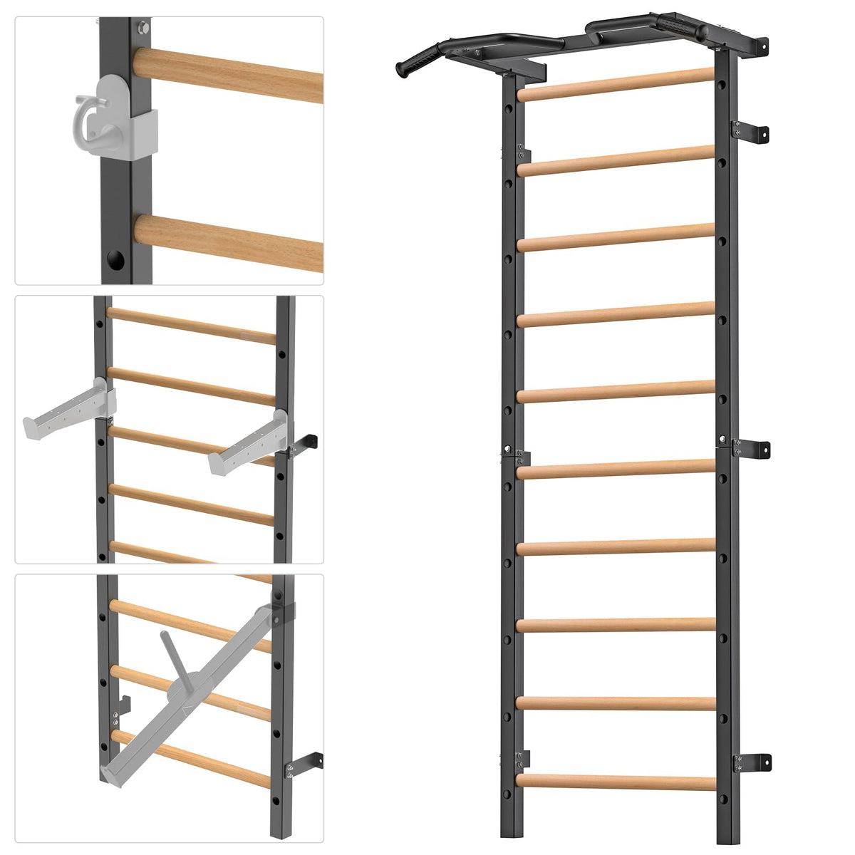 Kipika Gymnastic Stall Bar - 2"x2" Swedish Ladder with 1" Hole, Wall Mounted Pull-up Bar Ladder Suspension Trainer, Solid Wood Grips Gymnastics Training Bar for Home, Wall Gym, School