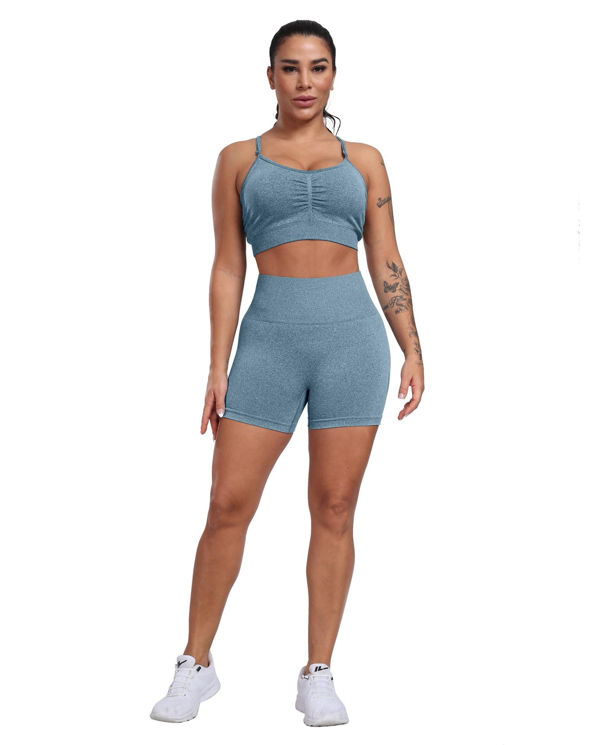 CHRLEISURE Women's 4 Packs Workout Gym Shorts, High Waisted Butt Lifting Scrunch Butt Seamless Booty Shorts(Black,DGray,Green,Blue,S)