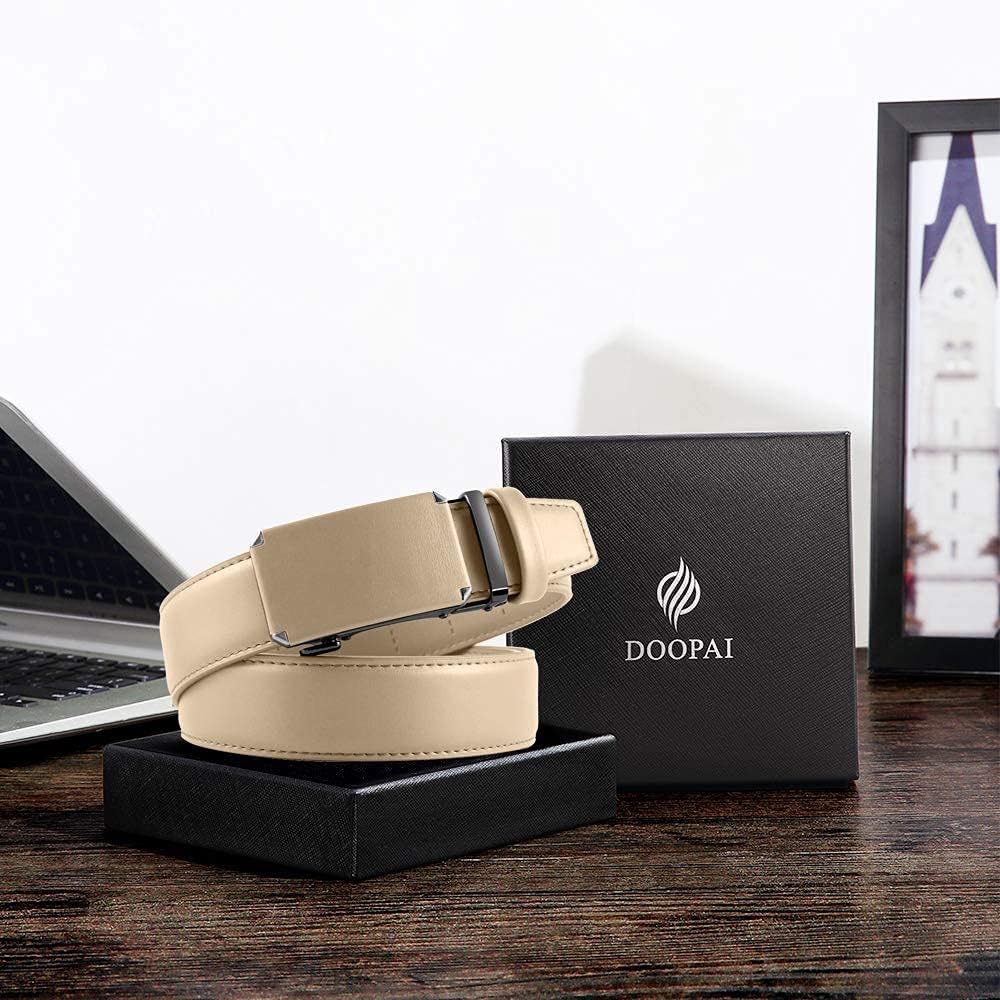 DOOPAI Men's Leather Ratchet Belts, Adjustable Belt in Beige with Sliding Length 28-36", Metal Buckle Men's Belt Cut to fit in the Gift Box