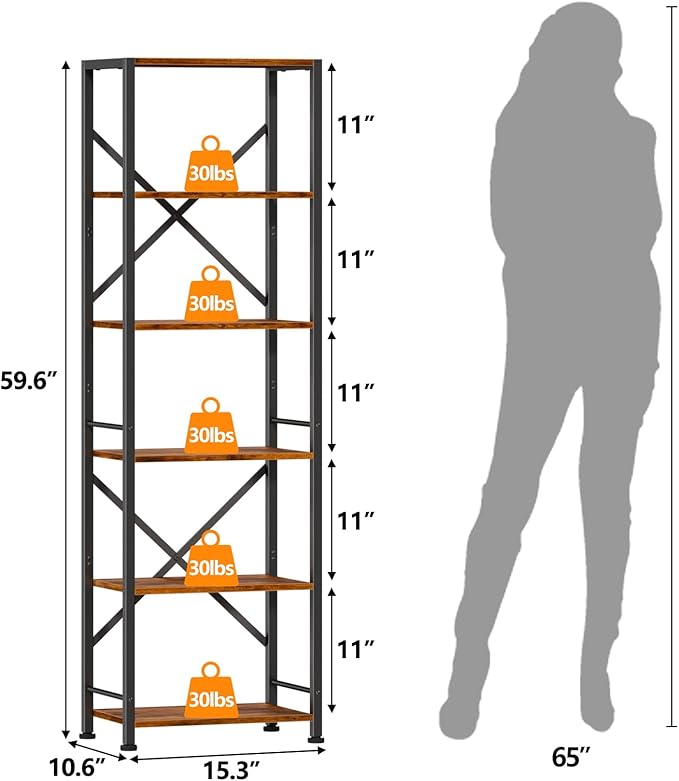 Furologee 6 Tier Tall Bookshelf, Industrial Narrow Bookcase, Display Standing