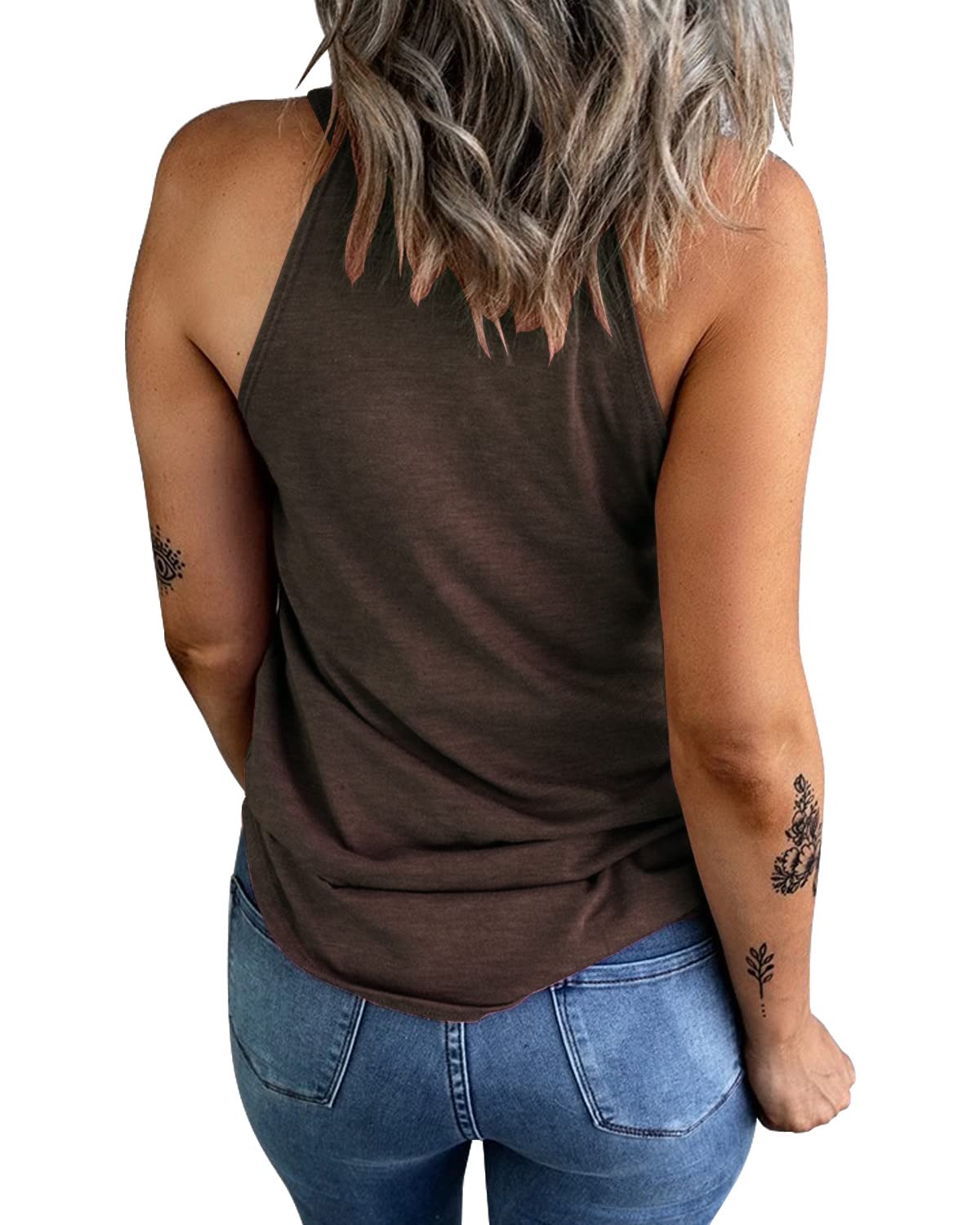 KINLONSAIR Women's Summer Sleeveless Halter Tee Shirts Crew Neck Workout Tank Tops Casual Plain Cami Shirts Coffee