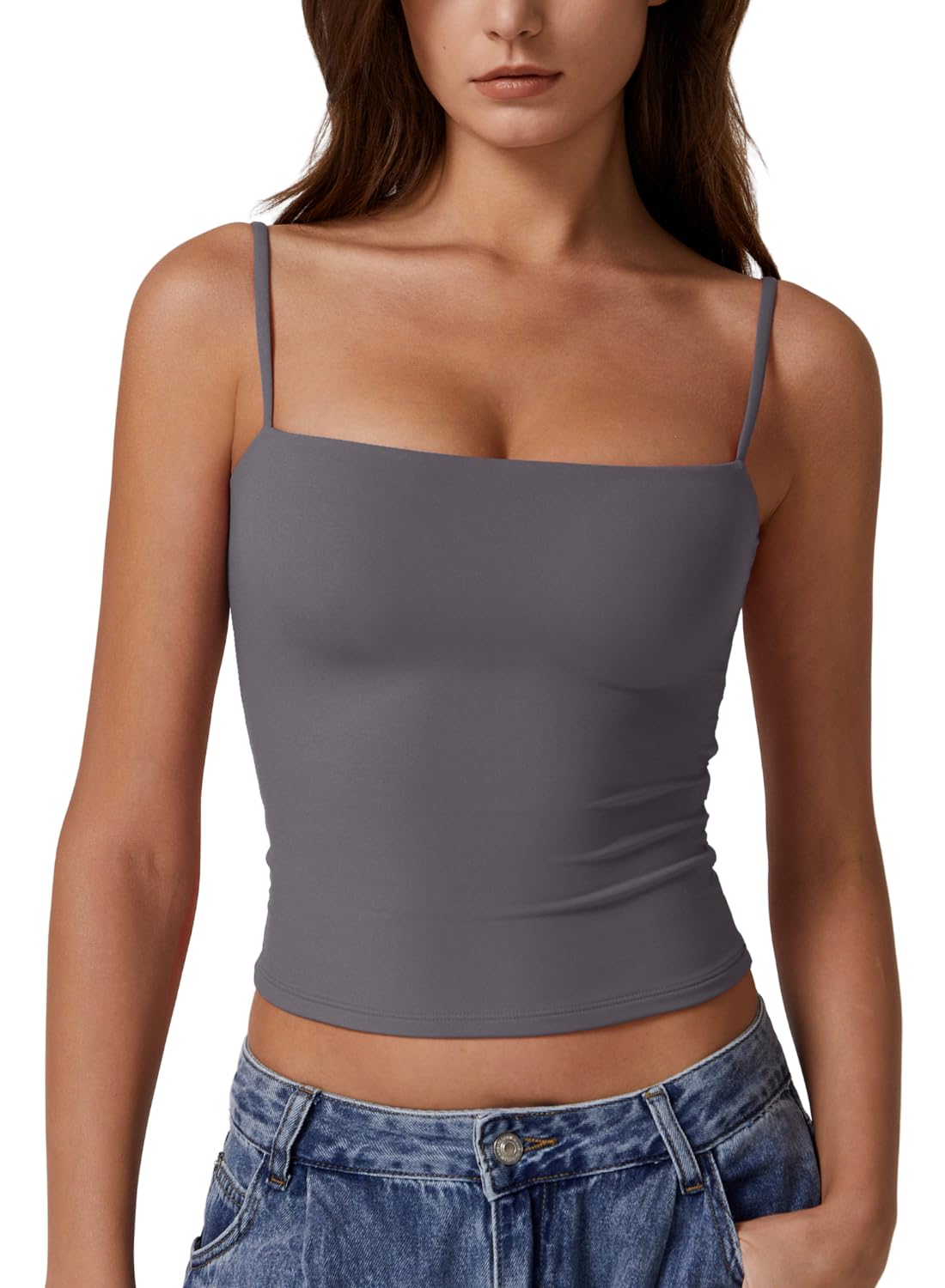 QINSEN Women's Spaghetti Strap Tank Tops Adjustable Cute Camisole Going Out Crop Tops Summer Clothes Dark Grey L