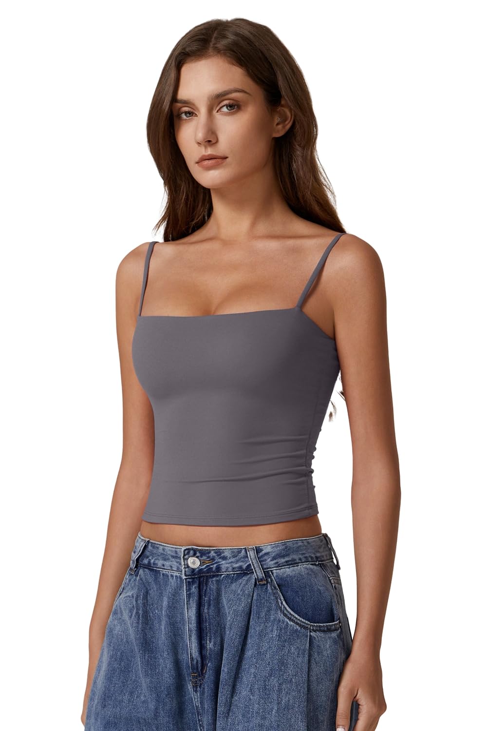 QINSEN Women's Spaghetti Strap Tank Tops Adjustable Cute Camisole Going Out Crop Tops Summer Clothes Dark Grey L