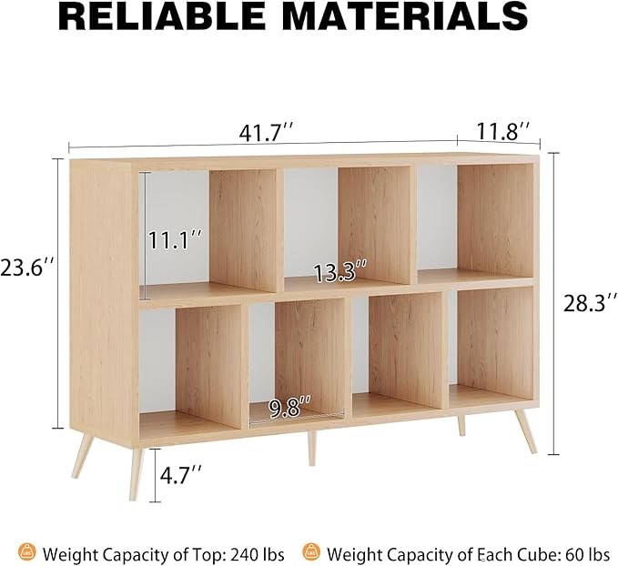 7-Cube Storage Organizer with Natural Wood Legs, Mid-Century Modern Bookcase