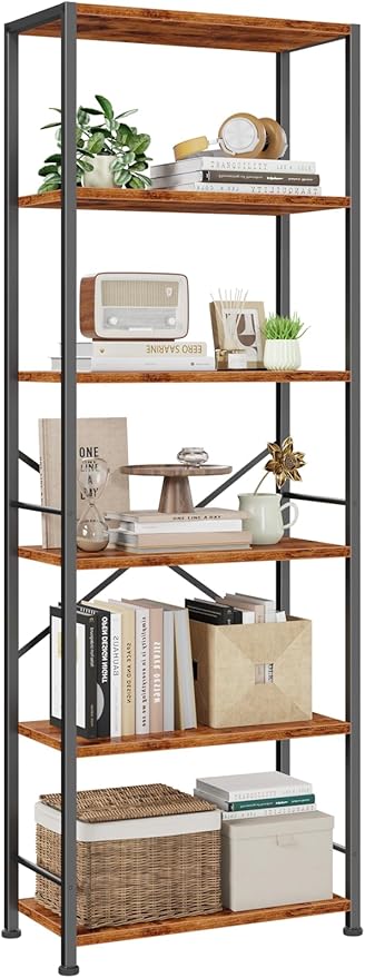 Furologee 6 Tier Book Shelf, Tall Wide Bookshelf, Industrial Open Bookcase