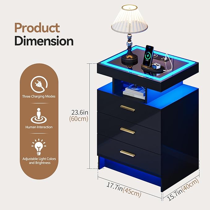 Black Night Stand Set 2 with Wireless Charging Station, Smart Bedside Table