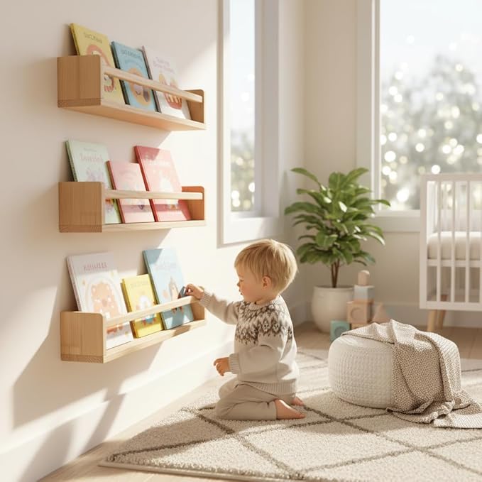 AZSKY 24 Inch Natural Pine Wood Floating Shelves, Nursery Book Shelves