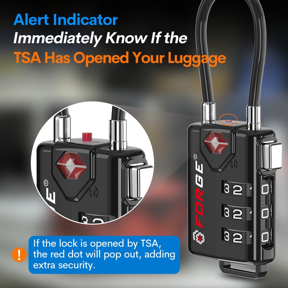 TSA Approved Cable Luggage Locks, Re-settable Combination with Alloy Body, Black 2 Locks.