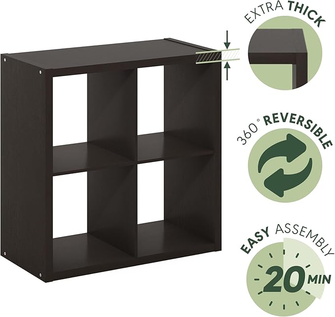 Furinno CUBICLE Book Shelf, 4-Cube Bookshelf, Extra Thick Frame Reversible