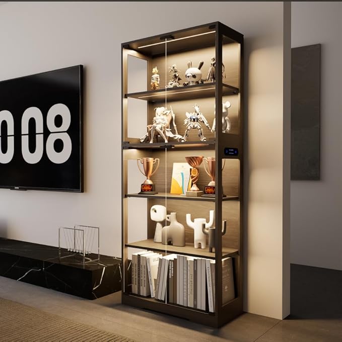 65" Tall Display Case with Glass Doors, Lighted Display Cabinet Bookcase with