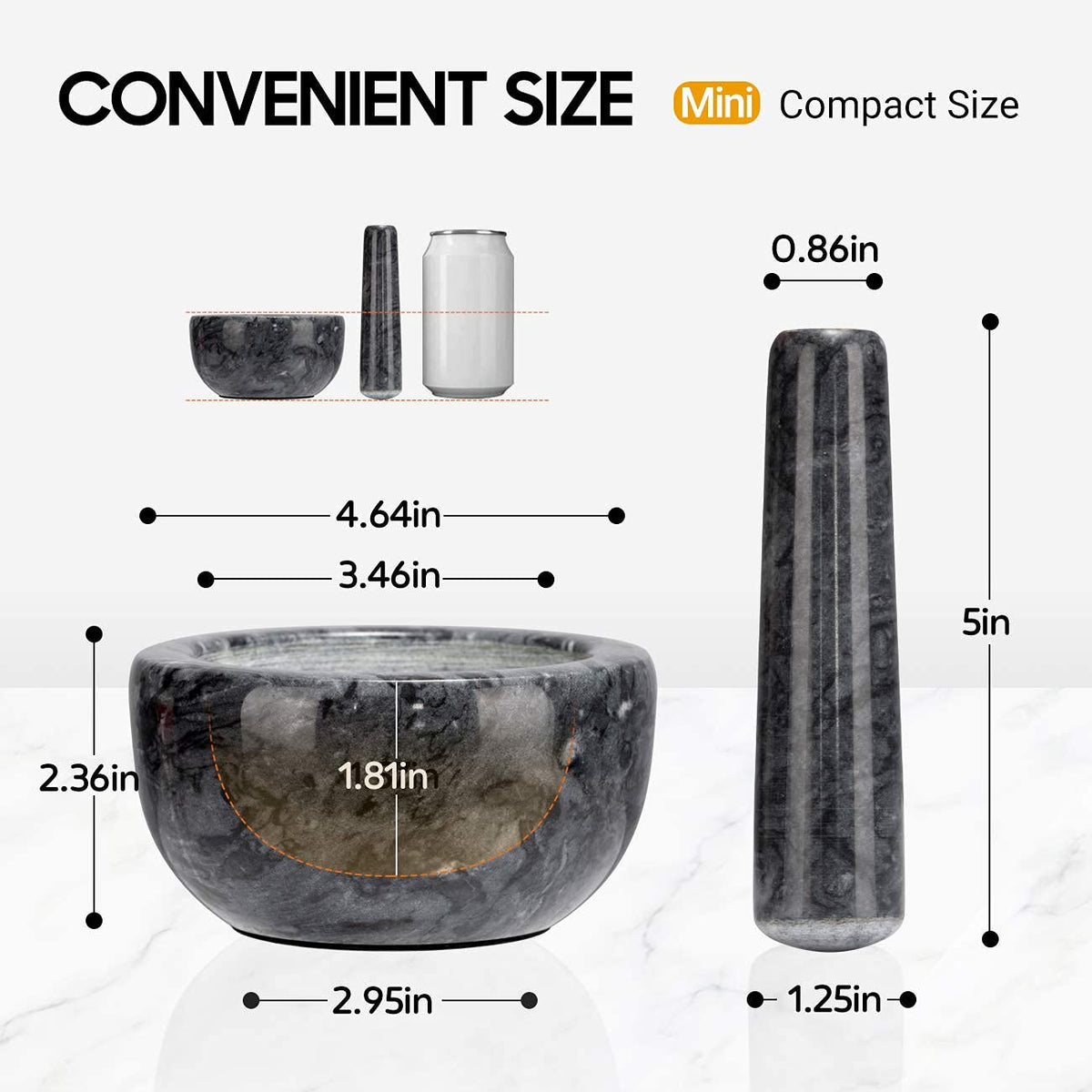 Tera Marble Mortar and Pestle Set Small Bowl Solid Stone Grinder Spice Herb Grinder Pill Crusher (Black, Diameter 4.64")