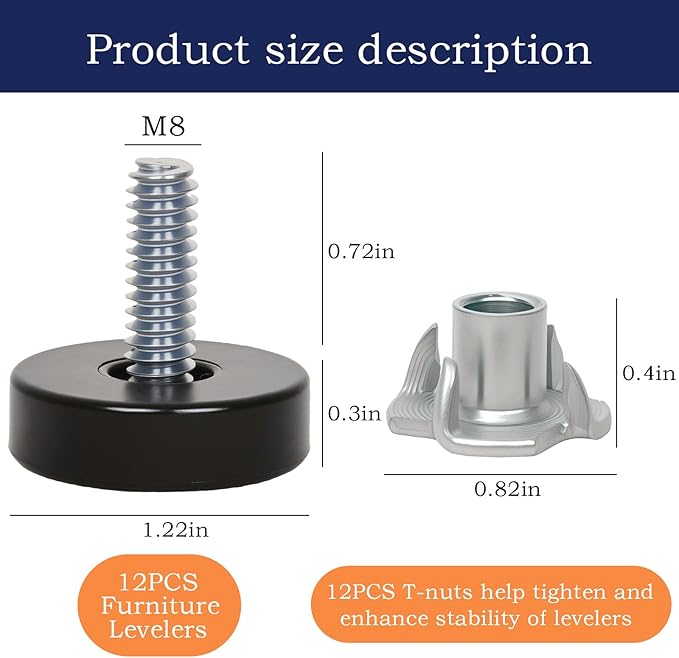 12 PCS M8 Thread Furniture Feet Levelers, Furniture Leveling Feet, Furniture