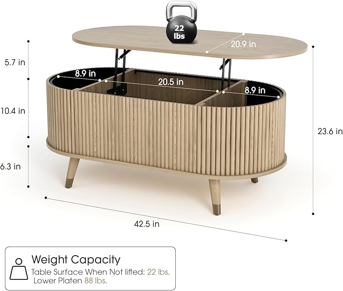 SULIVES Oval Coffee Table with Storage, Small Fluted Center Table