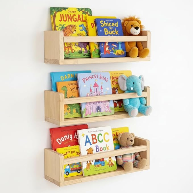 AZSKY Floating Nursery Book Shelves-Natural Wood Bookshelf