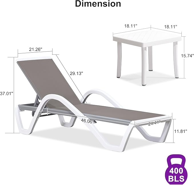 PURPLE LEAF Patio Chaise Lounge Chair Set of 3 Outside Aluminum Plastic