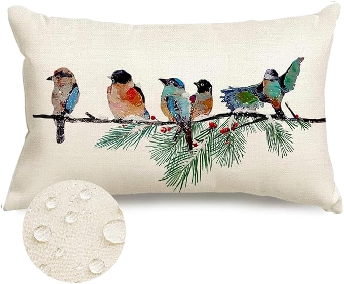 RABUSOFA Christmas Outdoor Pillow Covers Waterproof 12x20 Inch Birds Christmas