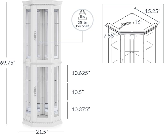 BELLEZE Lighted 3-Side Glass Display Curio Cabinet w/Tempered Glass Doors &