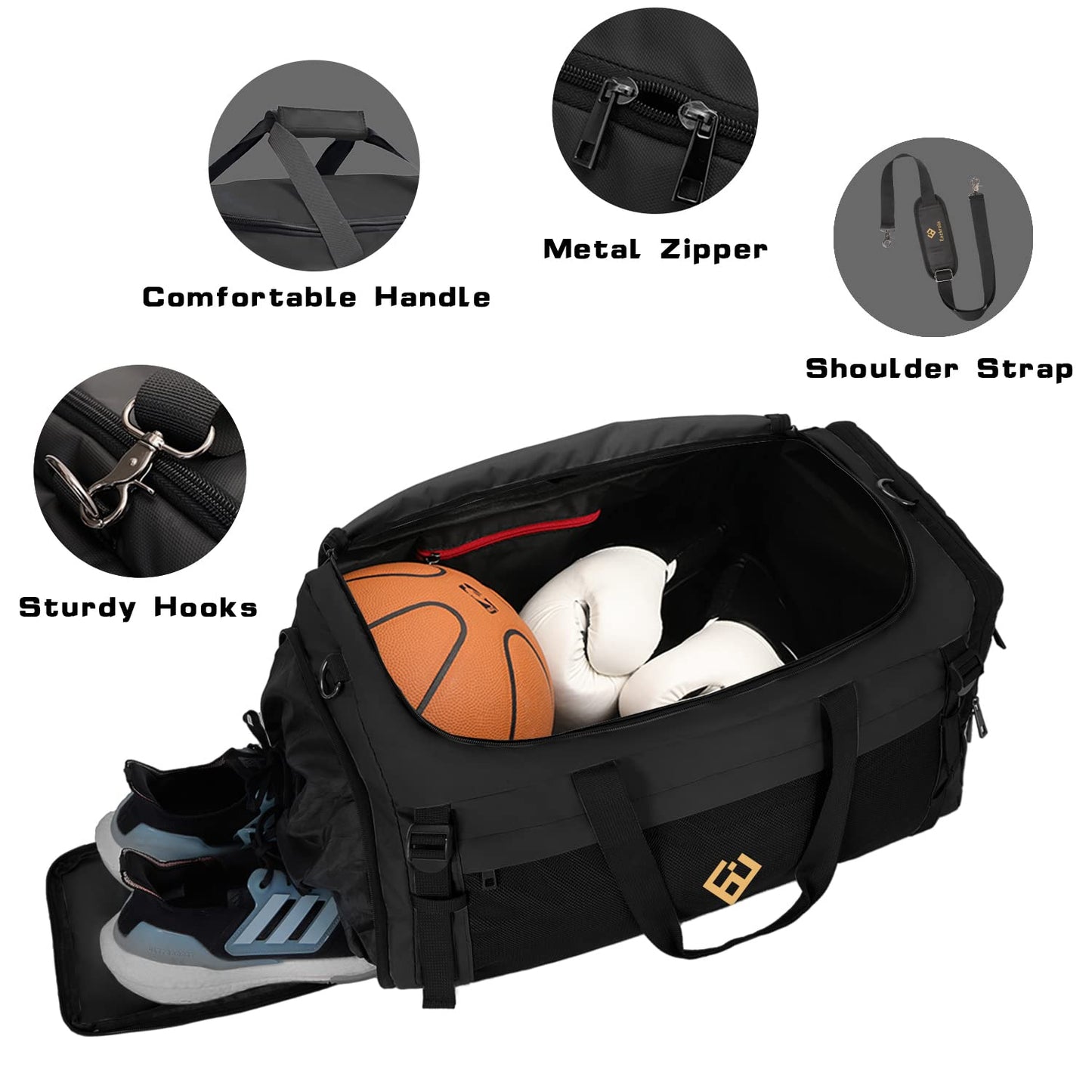 Eackrola Large Sports Gym Bag, Travel Duffel bag with Wet Pocket & Shoes Compartment for men women, 65L, Lightweight（Black）