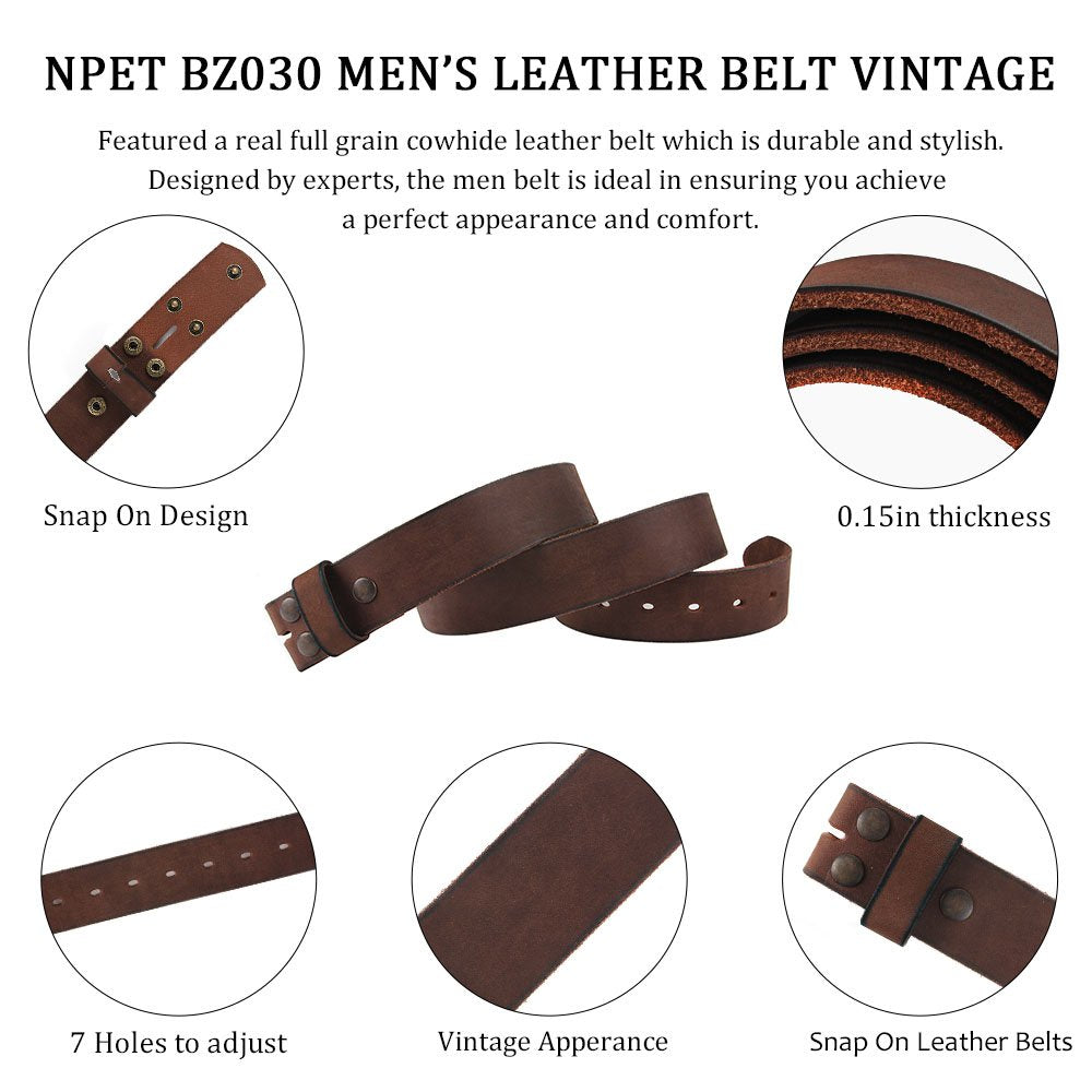 NPET Mens Leather Belt Full Grain Vintage Distressed Style Snap on Strap 1 1/2" Wide (For 36"-38" waist, coffee)