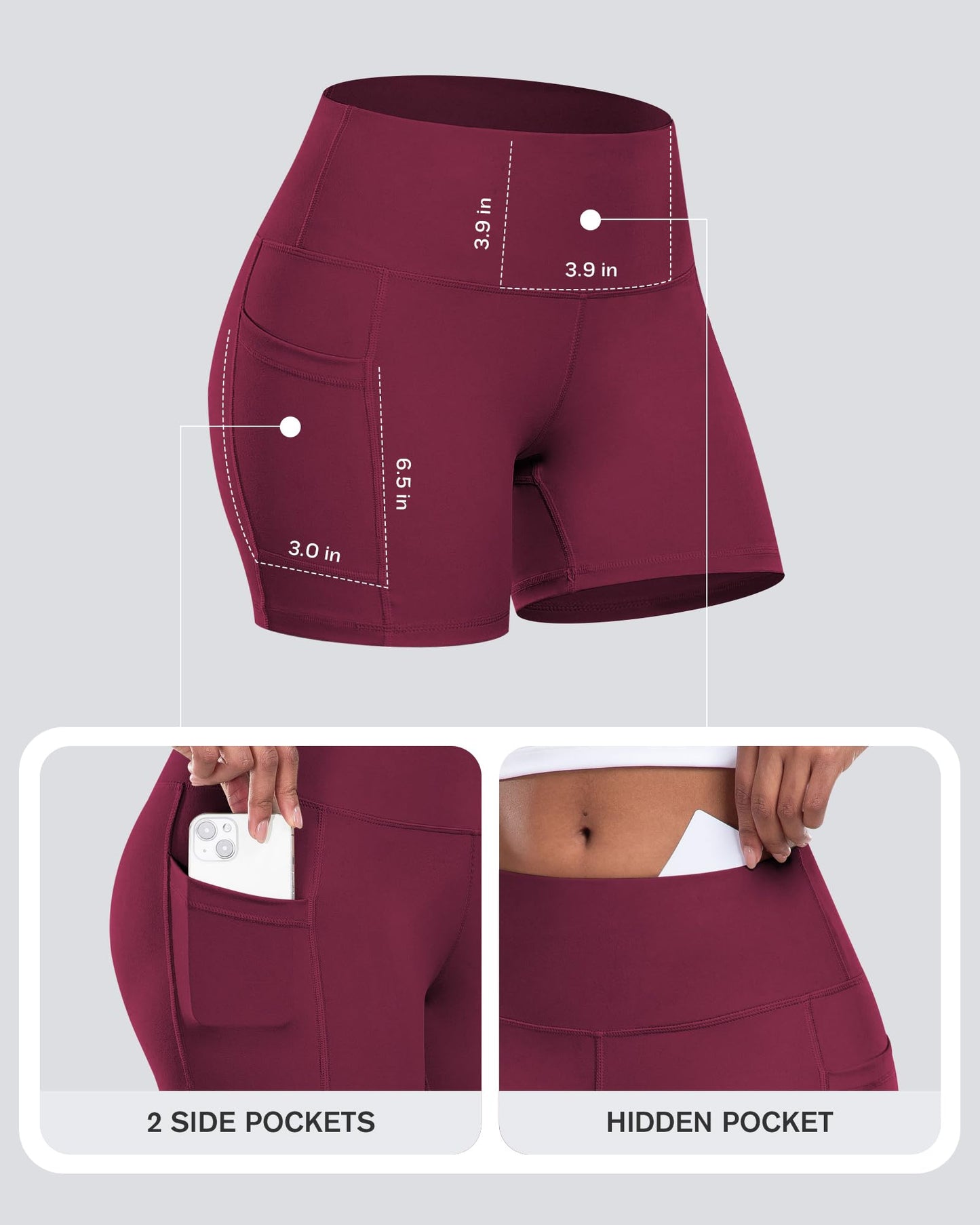 CHRLEISURE Womens Biker Yoga Shorts with Pockets: High Waisted Tummy Control Spandex Workout Athletic Gym Shorts 4 Packs(5'' Black,Gray,Navy,Wine, M)