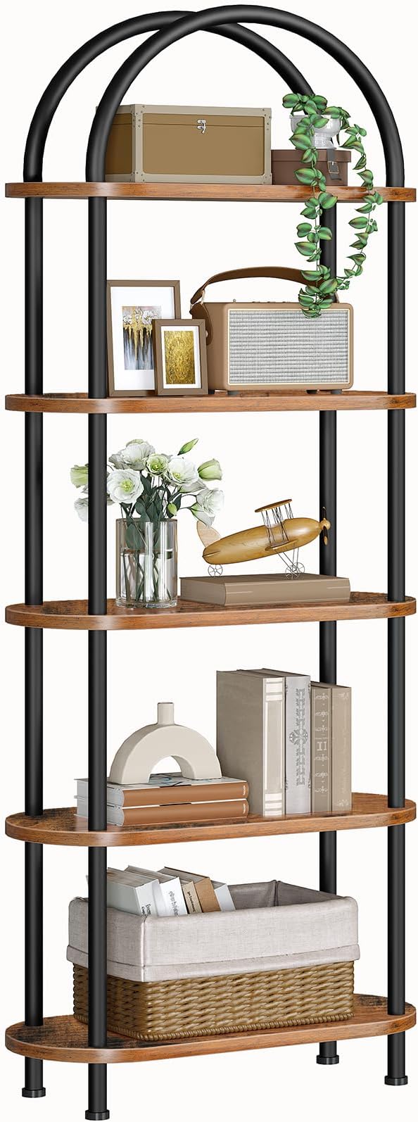 HOOBRO 5 Tier Open Bookshelf, Industrial Arched Bookcase Display Shelf Rack
