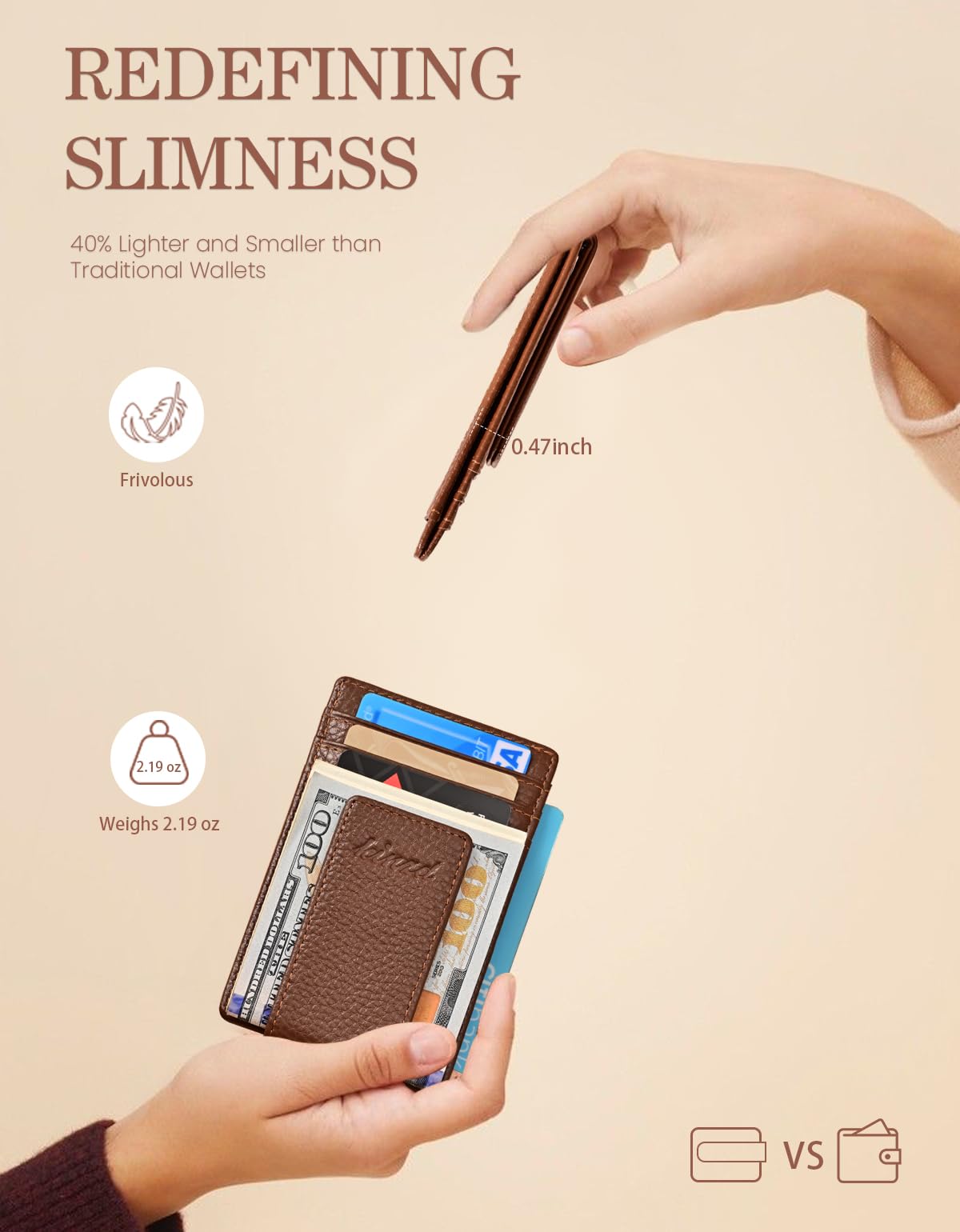 kinzd Money Clip, Front Pocket Wallet, Genuine Leather RFID Blocking Strong Magnet Minimalist Thin Wallet For Mens Brown Clip Wallet Credit Card Holder