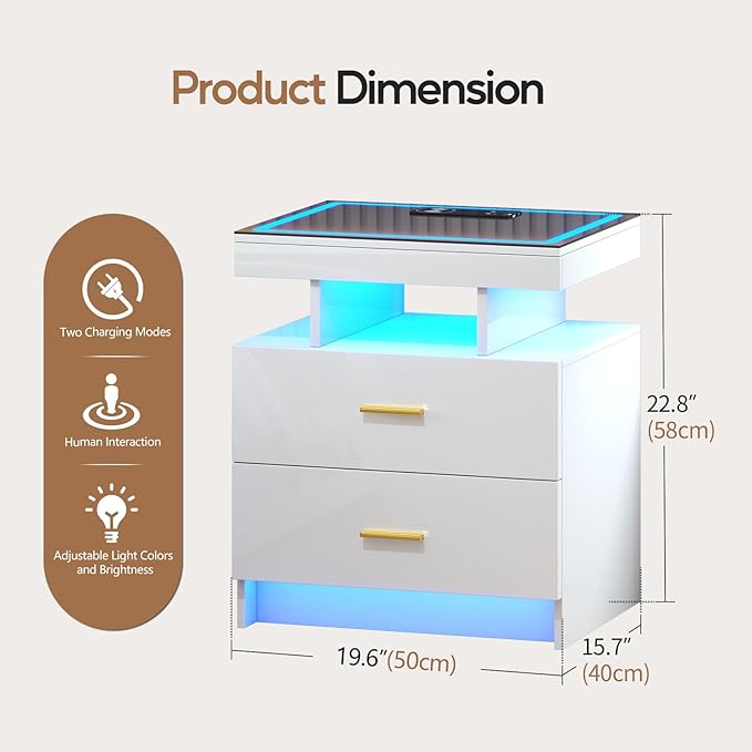 LED Nightstand Set 2 with Wireless Charging Station, Glass Top Smart Bedside