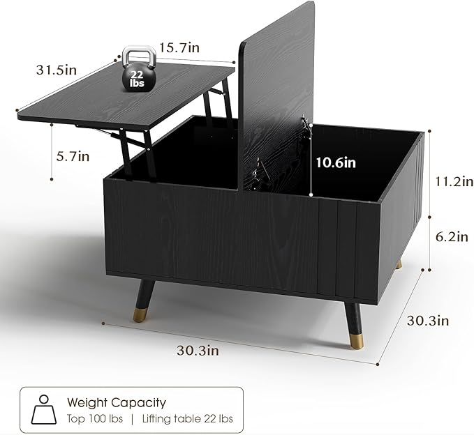 JOINICE Black Lift Top Coffee Table