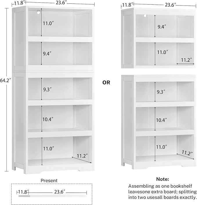 TEENFON 64.2" Bookcase, 5-Tier Open Bookshelves and Bookshelf, Freestanding