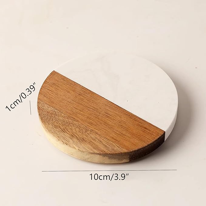 I-LAN 4-Pack Marble and Acacia Wood Coasters, 4-Inch Round Natural Wood Drink