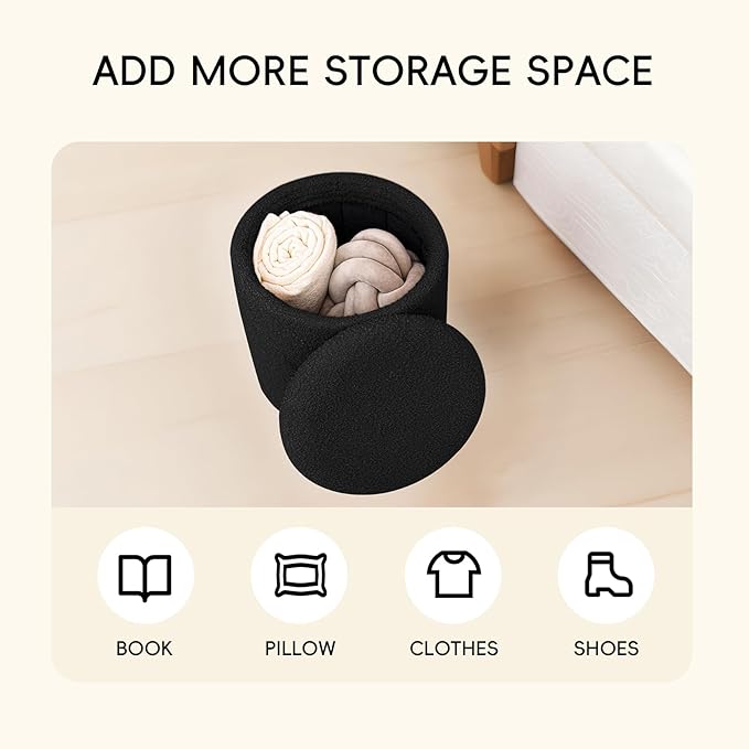 PINPLUS Ottoman with Stroage Round Boucle Ottoman and Tray Sherpa Removable