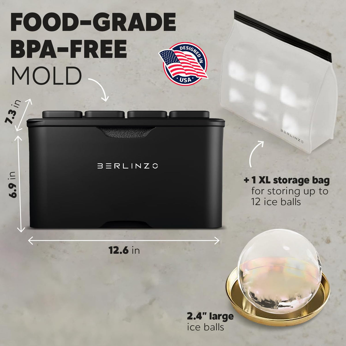 Berlinzo Premium Clear Ice Ball Maker Mold - 8 Large 2.4" Crystal Clear Ice Balls for Whiskey, Cocktails & Bourbon - Easy-to-Remove Mold for Ice Spheres - XL Storage Bag Included (Non-Electric)