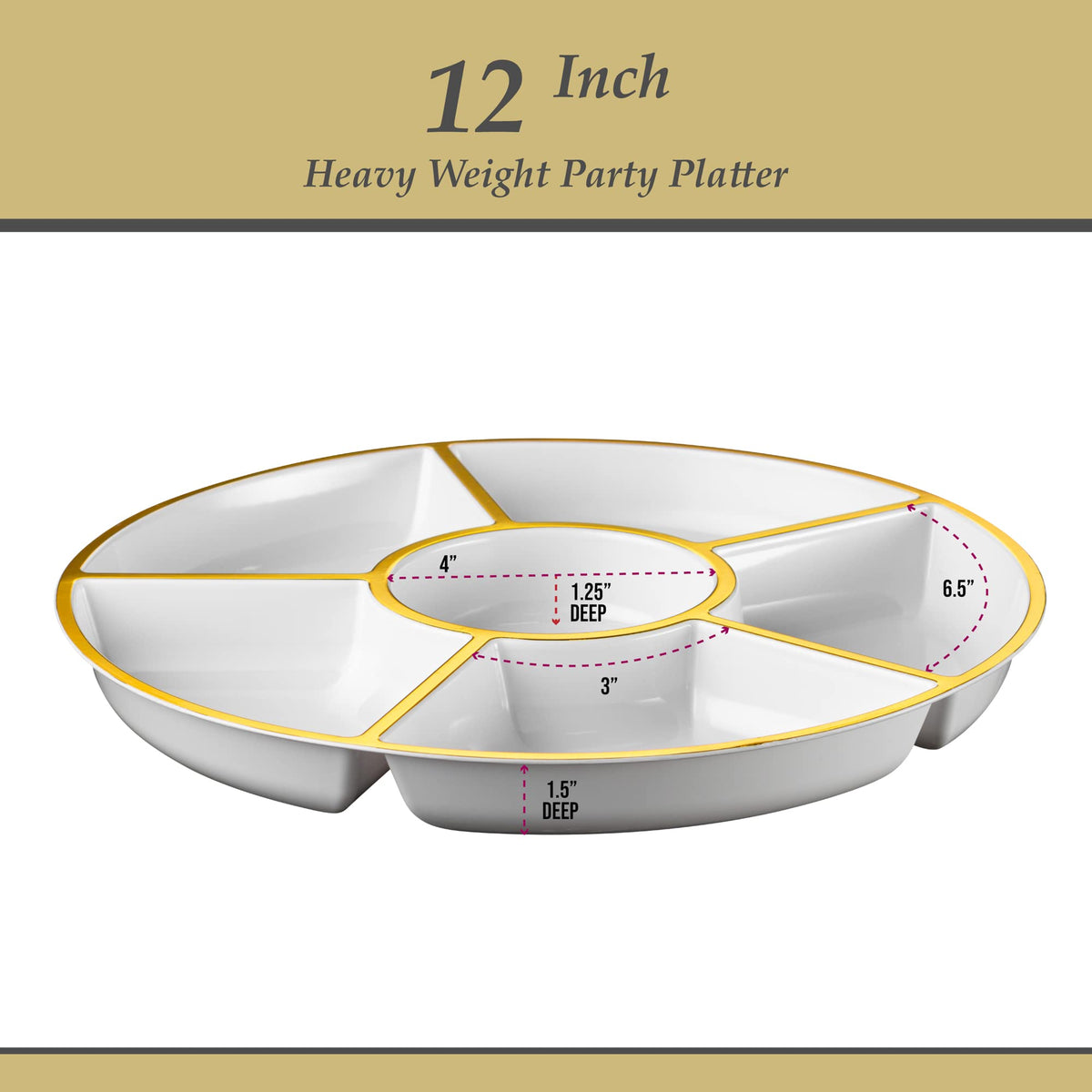 Plasticpro 6 Sectional Round Plastic Serving Tray/Platter (2, White & Gold)