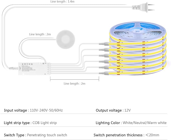 AIMENGTE Cabinet Light, LED Strip Lights, 6-in-1 12V COB Under Cabinet Lighting
