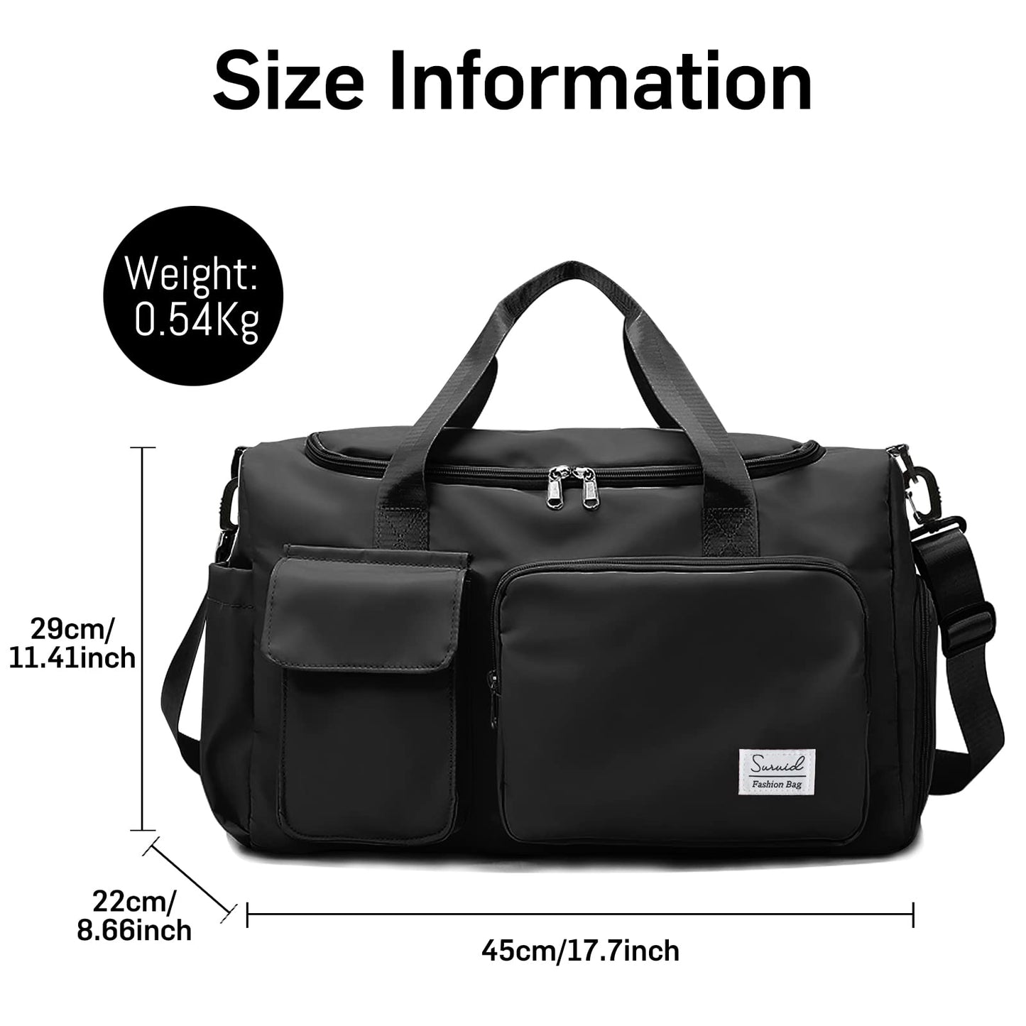 Suruid Sports Gym Duffel Bag with Shoes Compartment and Dry Wet Separated Pocket for Men and Women - Overnight Weekender Training Handbag Yoga Bag - Black