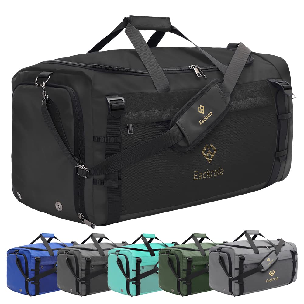 Eackrola Large Sports Gym Bag, Travel Duffel bag with Wet Pocket & Shoes Compartment for men women, 65L, Lightweight（Black）