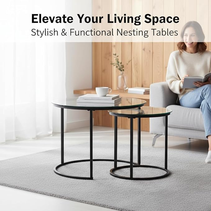Round Nesting Coffee Table Set of 2, Modern Glass Nesting Tables, Stacking