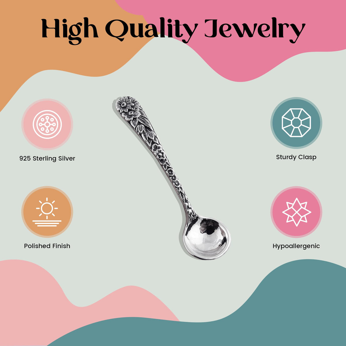 2" Sterling Silver Floral Daisy Salt Spoon or Mustard Spoon, Polished Round Bowl, Flower Design Handle